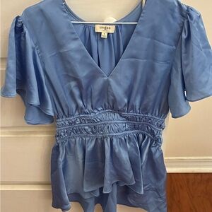 Umgee Women's Satin Blue Flutter Sleeve Blouse